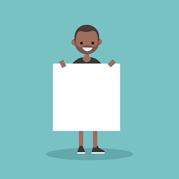 Young smiling black man holding a blank board mock up Copy space. Your text here. Editable flat vector illustration, clip art african american male model stock illustrations