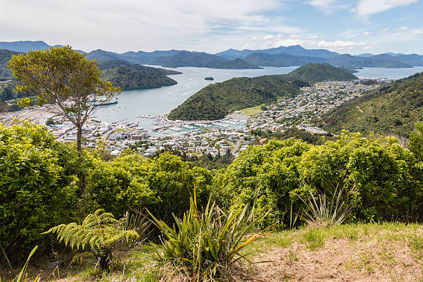 ニュージーランドのピクトンタウンとマールボロサウンド - queen charlotte sound ストックフォトと画像
