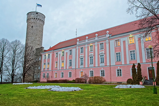 Tallinn, Estonia - December 29, 2011: Toompea castle and the Parliament building in Tallinn in Estonia in winter