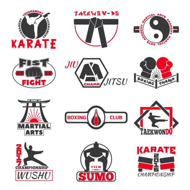 ilustrações de stock, clip art, desenhos animados e ícones de fight club bages vector set. - karate kickboxing martial arts silhouette