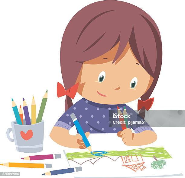 Little Girl Drawing Stock Illustration - Download Image Now - Child, Drawing - Activity, Painting - Activity