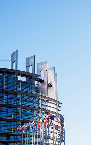 parlament europejski w bezchmurny dzień z wszystkich flagi ue - european parliament government flag europe zdjęcia i obrazy z banku zdjęć