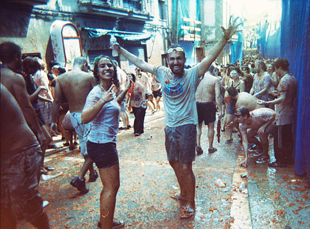 Buñol, Spain - August 31, 2011: The world's largest throwing tomato festival held in Buñol, Spain. 