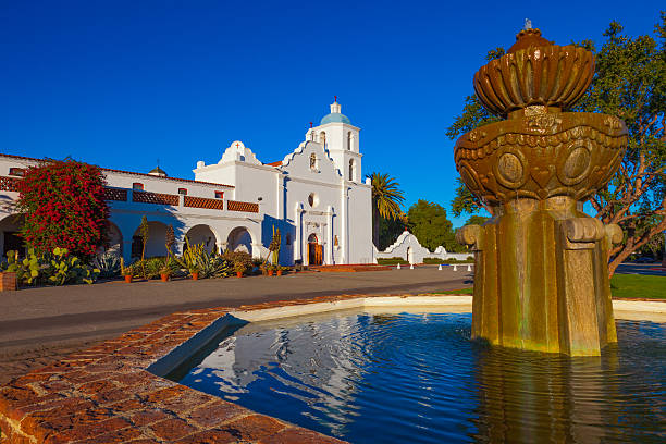 istock Mission San Luis Rey with fountain reflections, CA 625065474