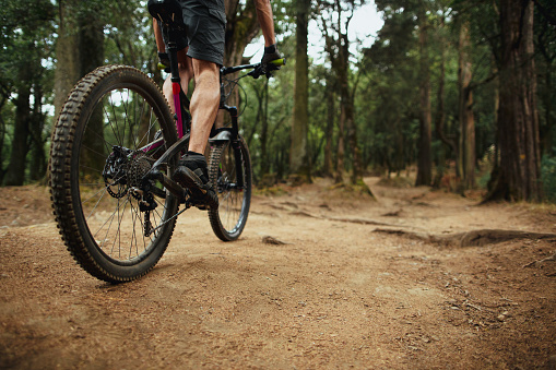 Low angle and low section of a latin man cycling in the forest in a horizontal shot.
