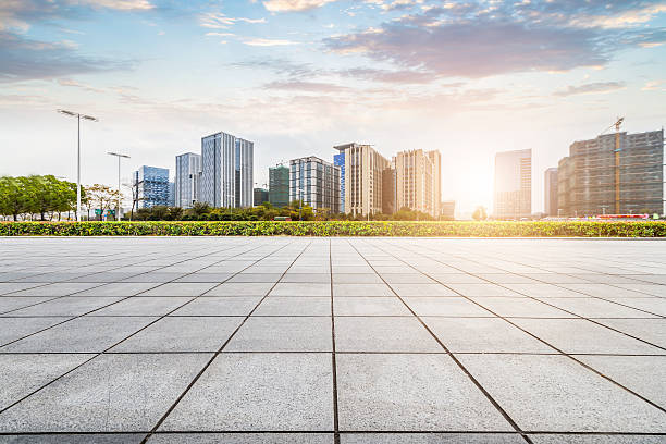 istock Empty floor with modern business office building 625070386