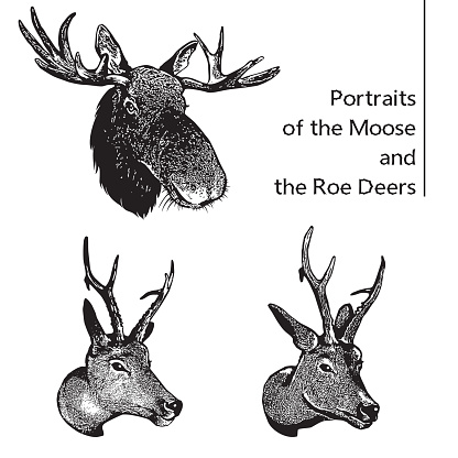 Head of elk and deer. Graphic logo in engraving style. Illustration for the hunt theme. 