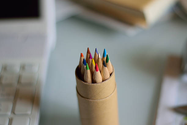 istock Background work desk with color pencils 625095840
