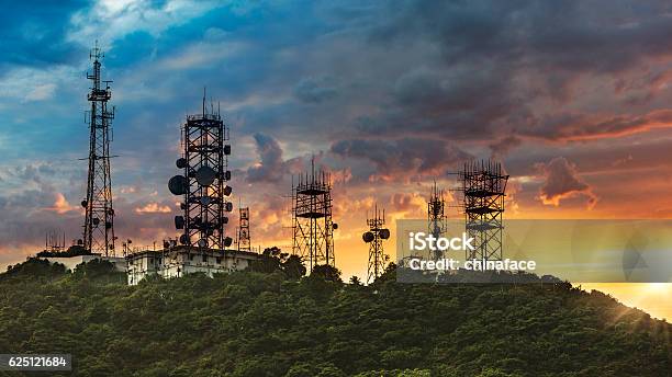 Silhouette Antenna Towe With Sunset Background Stock Photo - Download Image Now - Telecommunications Equipment, Communications Tower, Tower