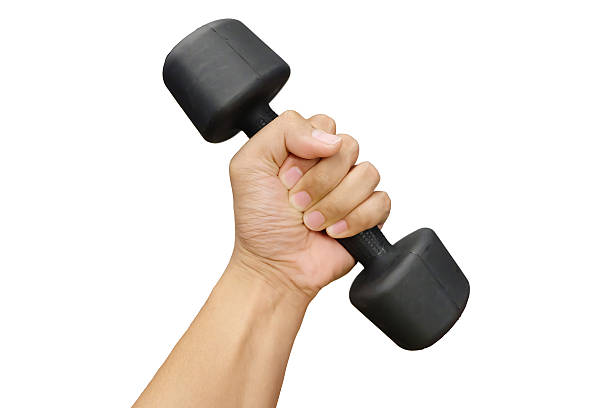 istock Hands holding dumbbells on white background 625122524