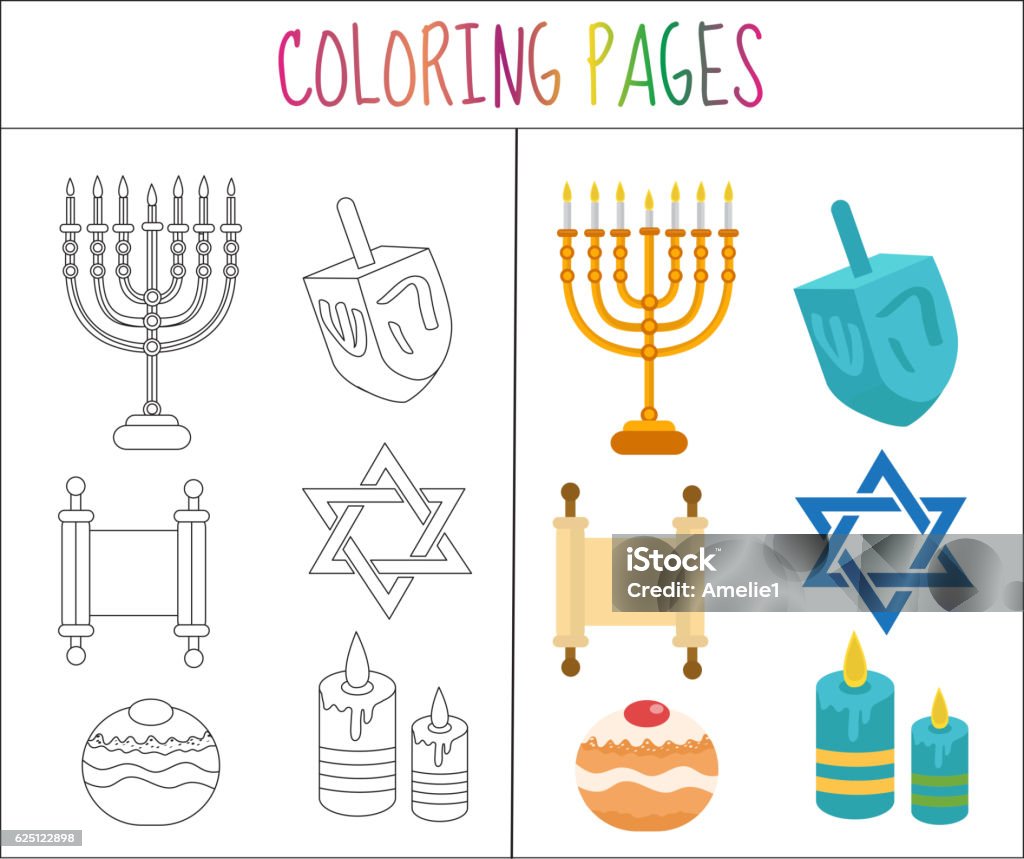 Coloring book page. Hanukkah set. Sketch and color version.  for Coloring book page. Hanukkah set. Sketch and color version. Coloring for kids. Vector illustration Hanukkah stock vector