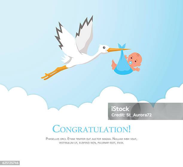 Cartoon Stork In Sky With Baby Stock Illustration - Download Image Now - Baby - Human Age, Stork, Newborn