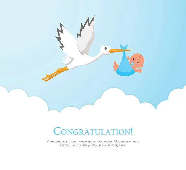 Vector illustration of Cartoon stork in sky with baby.