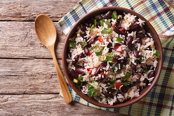 Rice with red beans and vegetables. horizontal top view