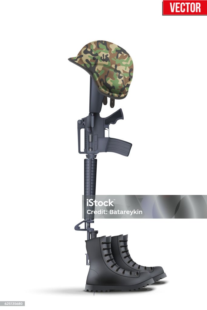 Memorial Battlefield Cross Memorial Battlefield Cross. The symbol of a fallen US soldier. Modern war. Rifle M16 with boots and helmet. Vector Illustration Isolated on white background. Armed Forces stock vector