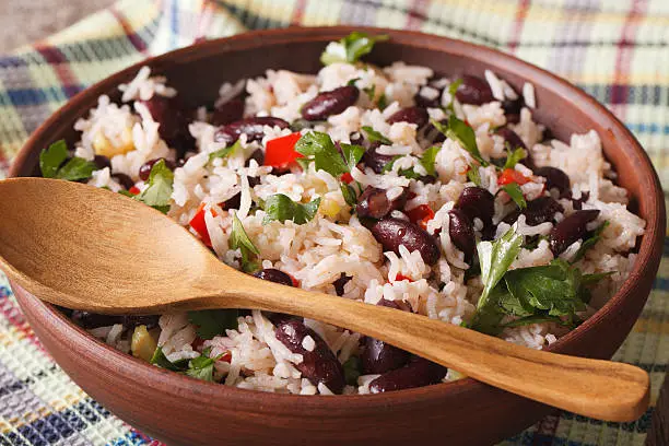 Gallo Pinto: rice with red beans in a bowl close-up on the table. horizontal