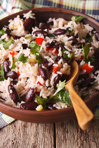 istock Rice with red beans and coriander in bowl close-up. vertical 625136268
