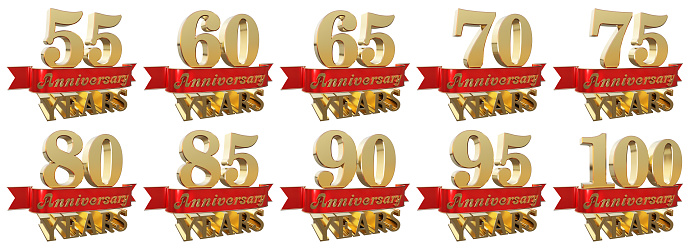 Set of golden anniversary signs, symbols. 3D illustration