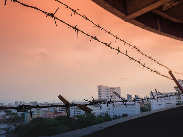 istock Barbed wire fence with Twilight sky to feel Silent. 625145242