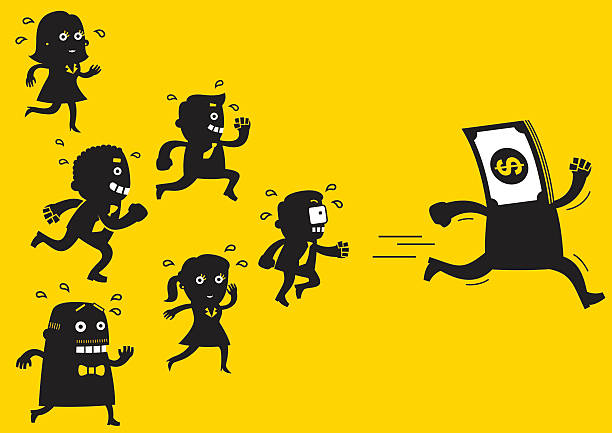 ilustrações de stock, clip art, desenhos animados e ícones de business team chasing money | yellow business concept - currency chasing dollar sign pursuit