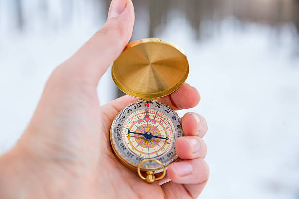 istock Concept - orienteering in the woods, a route. Winter, man 625146618