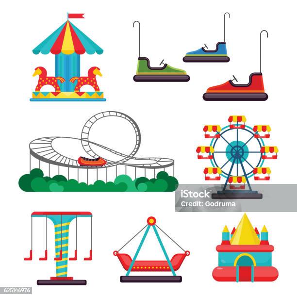 Amusement Park Ride Set Of Attractions Vector Stock Illustration - Download Image Now - Bouncy Castle, Rollercoaster, Ferris Wheel