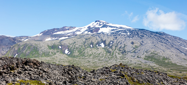 Landscape and the Snaefellsjokull volcano, in the Snaefellsnes peninsula, west Iceland