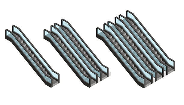 Escalator Set Isometric View. Vector Escalator Set Isometric View. Passenger Going Up and Going Down. Stairs for Public Places. Vector illustration blurred motion people walking stock illustrations