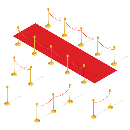 Red Carpet and Rope Barrier Set Isometric View. Vector illustration