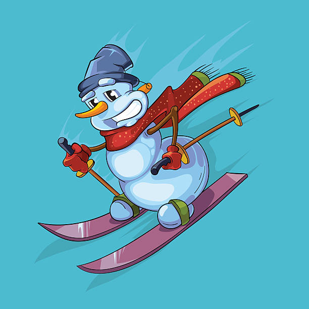 istock vector outline illustration of cute snowman with red scarf skiing 625157156