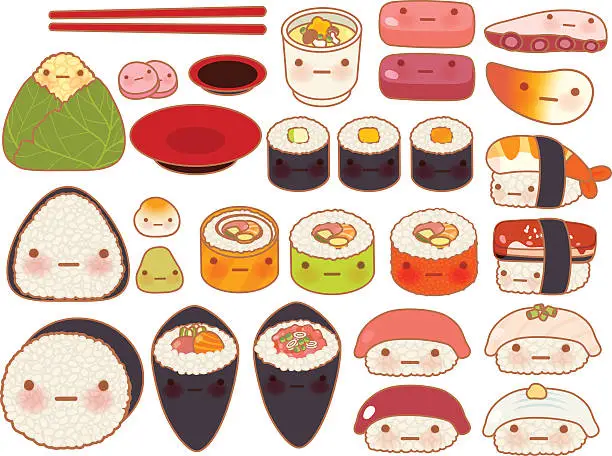 Vector illustration of Collection of lovely baby japanese oriental food doodle icon, cu