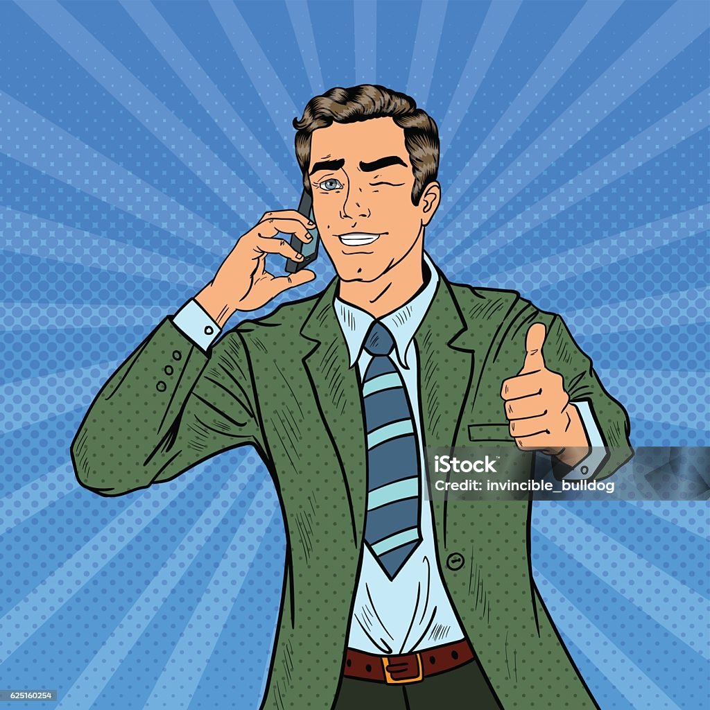 Pop Art Businessman Talking on Phone and Gesturing Thumb Up Pop Art Businessman Talking on the Phone and Gesturing Great. Vector illustration Comic Book stock vector