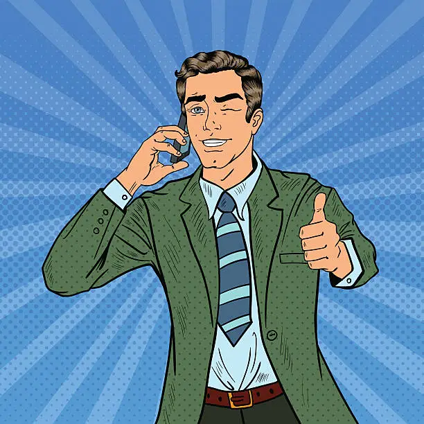 Vector illustration of Pop Art Businessman Talking on Phone and Gesturing Thumb Up