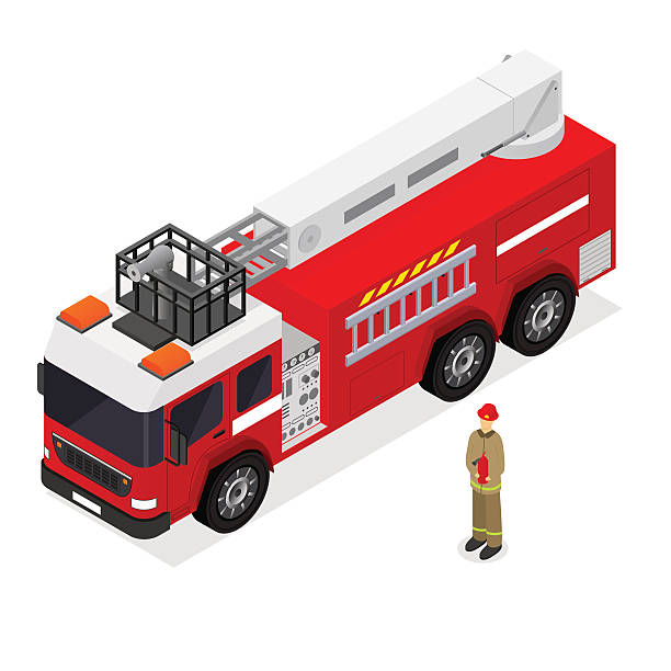 fire engine i firefighter izometryczny widok. wektor - car fire accident land vehicle stock illustrations