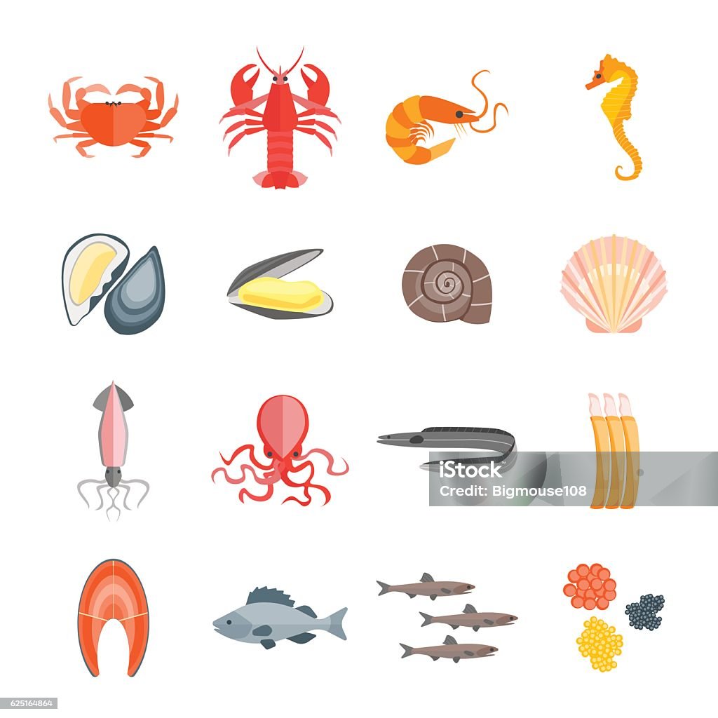 Set of Seafood. Vector Set of Seafood for Menu Your Kitchen. Flat Design Style. Vector illustration Seafood stock vector