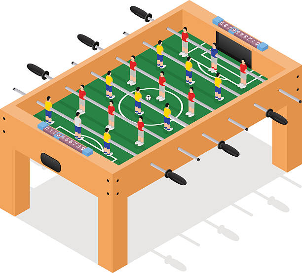 illustrazioni stock, clip art, cartoni animati e icone di tendenza di vista isometrica gioco di calcio da tavolo. vettore - biliardino