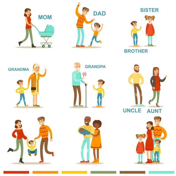 Vector illustration of Happy Large Family With All The Relatives Gathering Including Mother