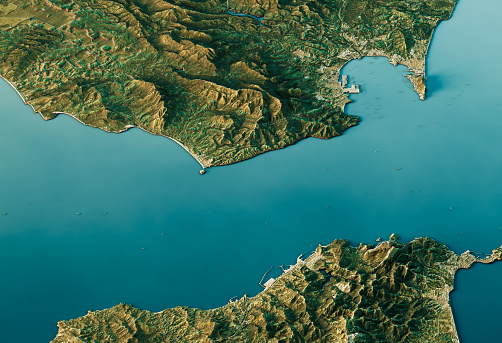 3D Render of a Topographic Map of the Strait Of Gibraltar, between Morocco and Spain.