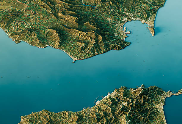 Strait Of Gibraltar 3D Landscape View South-North Natural Color 3D Render of a Topographic Map of the Strait Of Gibraltar, between Morocco and Spain. ceuta map stock pictures, royalty-free photos & images