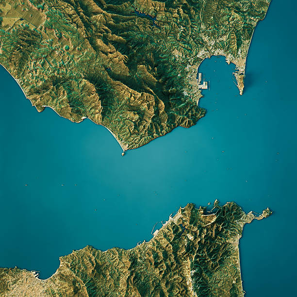 Strait Of Gibraltar Topographic Map Natural Color Top View 3D Render of a Topographic Map of the Strait Of Gibraltar, between Morocco and Spain. ceuta map stock pictures, royalty-free photos & images