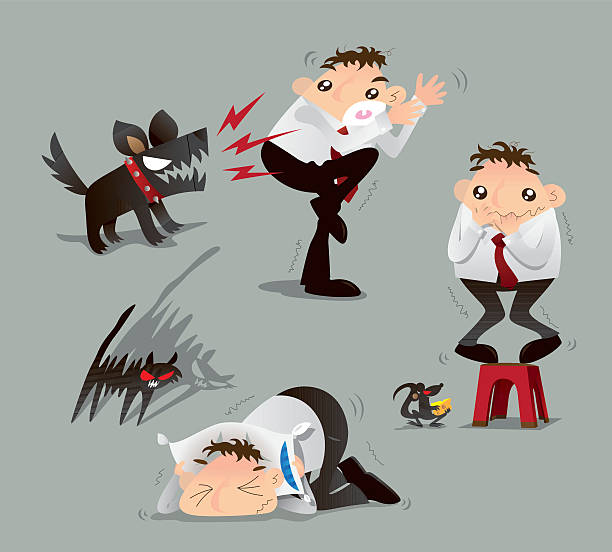 I am scared. Vector illustration of a man was scaring by cat, dog and mouse weak cat stock illustrations