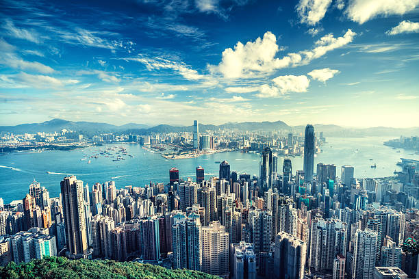 일출의 홍콩 스카이라인 - night sky hong kong architecture 뉴스 사진 이미지