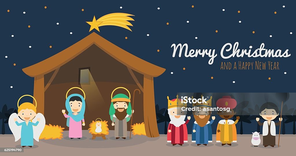 Christmas Nativity scene with Holy Family and Three Wise Men Christmas nativity scene with holy family, the three wise men and star of Bethlehem Vector background Child stock vector
