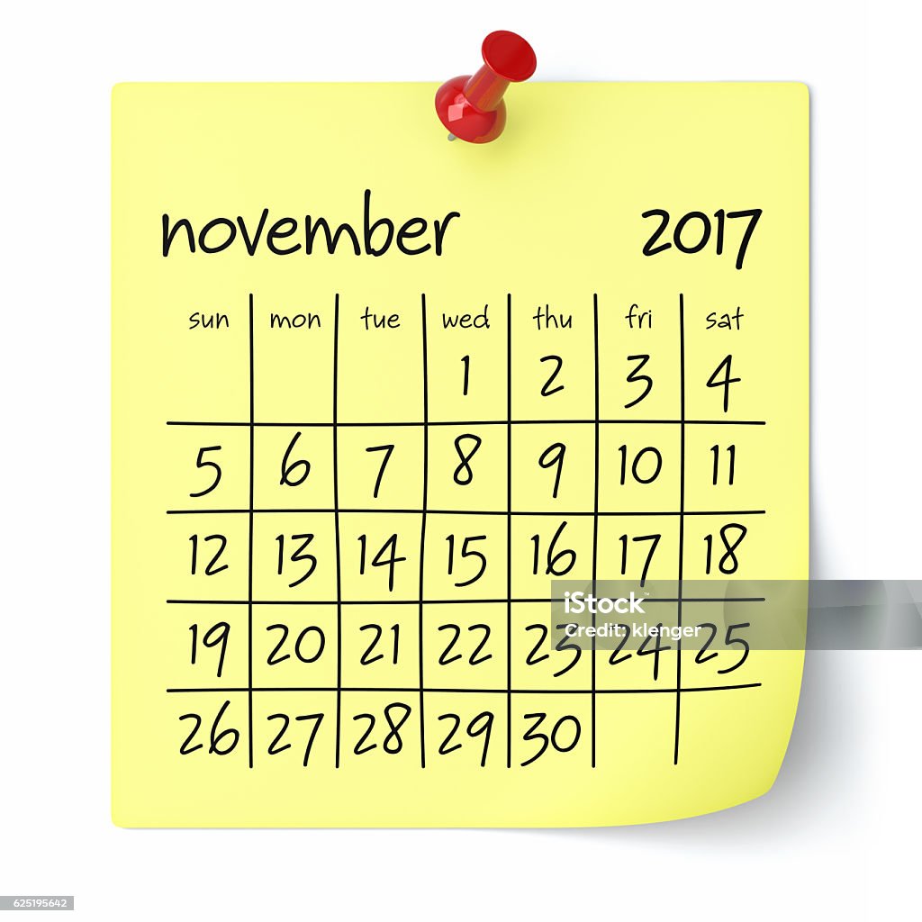 November 2017 - Calendar November 2017 - Calendar. Isolated on White Background. 3D Illustration 2017 Stock Photo