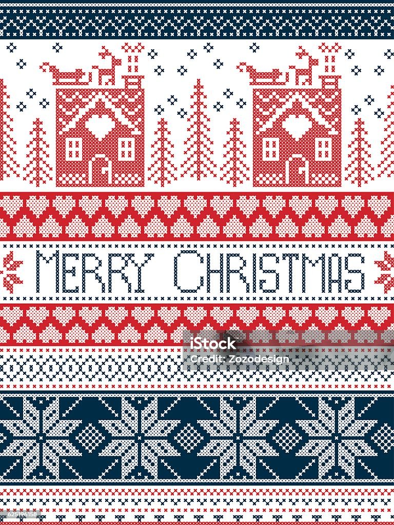 Merry Christmas, festive seamless pattern with gingerbread house Merry Christmas Scandinavian Textile style, inspired by Norwegian Christmas, festive winter seamless pattern in cross stitch with gingerbread house, Christmas tree, heart, reindeer in blue, red Animal stock vector
