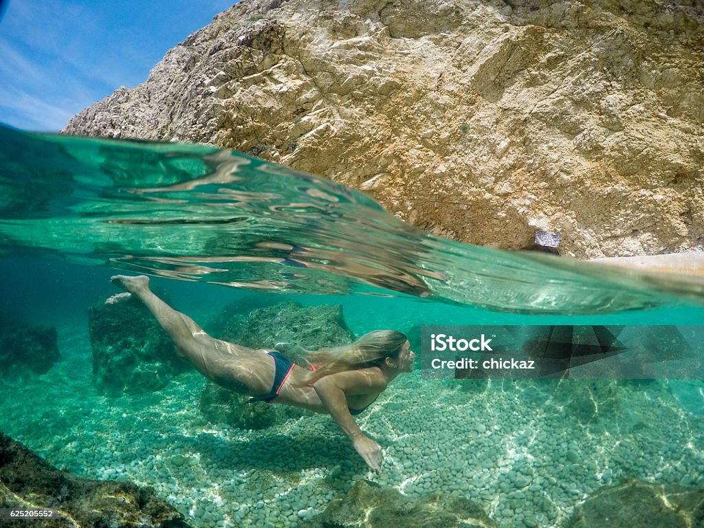 Over Under photo of woman swimming The photo is made with Gopro and special Split Gadgets housing, which allows you to do half over and half under images. She is wearing bikinis. Adriatic Sea Stock Photo