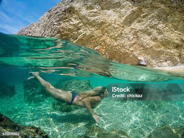 Over Under Photo Of Woman Swimming Stock Photo - Download Image Now - Adriatic Sea, Adult, Bikini