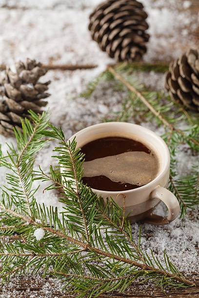 istock mug with a hot drink and with a fir-cone on 625206016