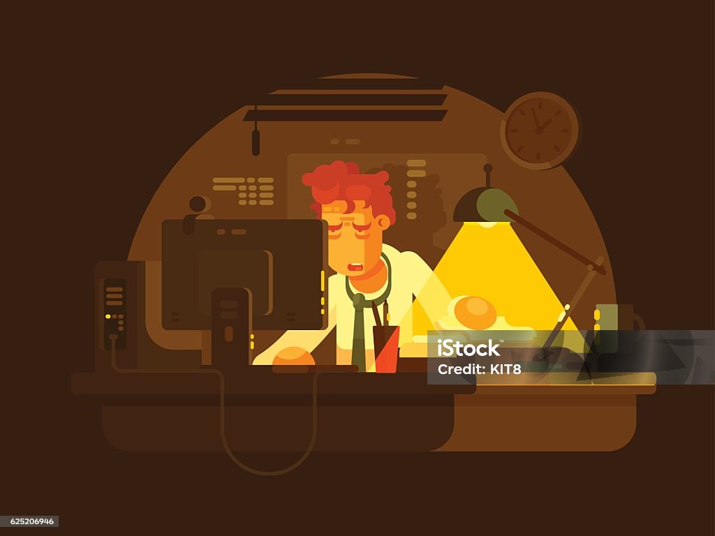 Tired man working late Tired man working on computer late at night. Vector illustration Working Late stock vector