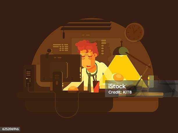 Tired Man Working Late Stock Illustration - Download Image Now - Working Late, Night, Occupation